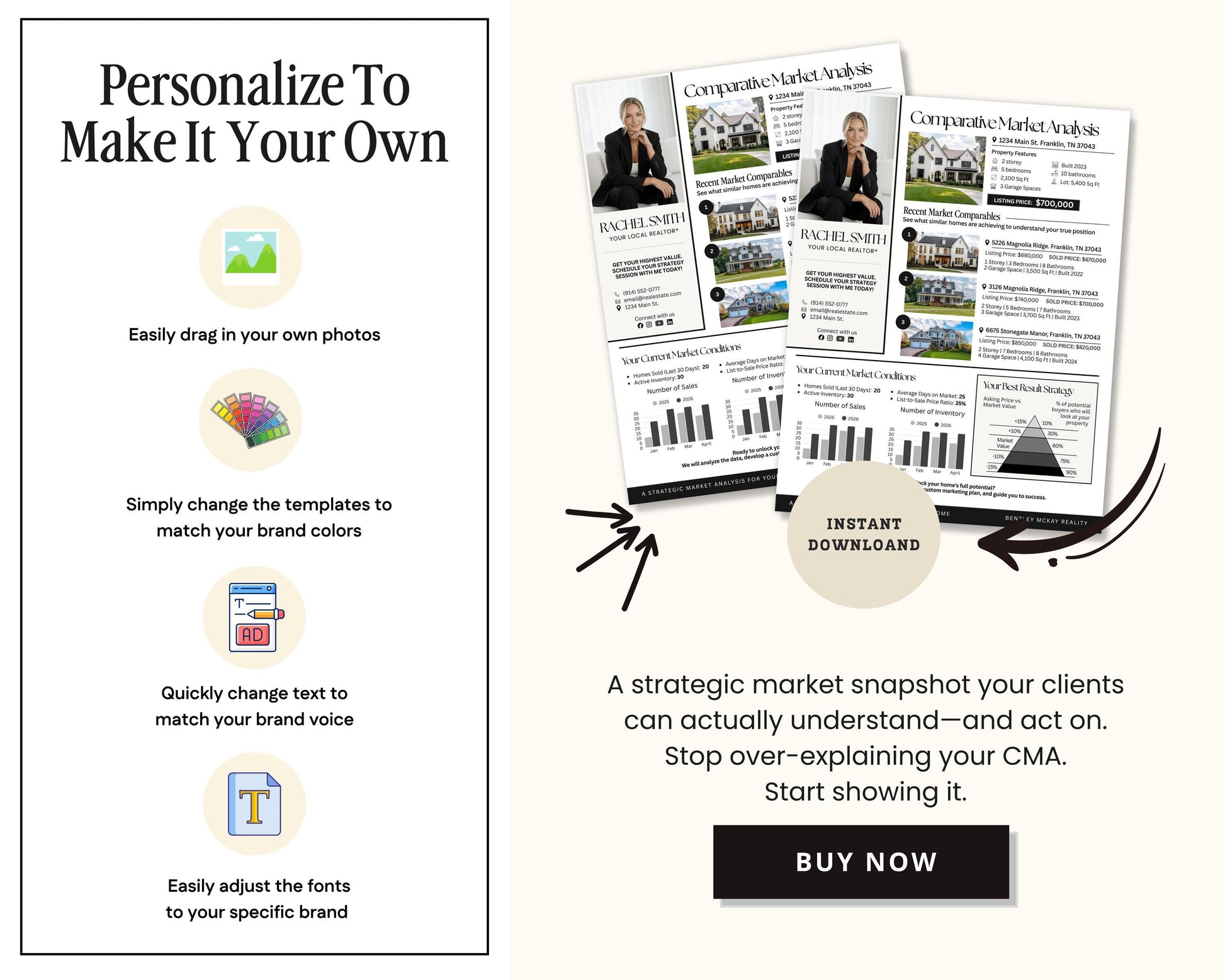The image is a promotional advertisement for a real estate company that offers customizable business cards and a business card template. It features a woman in a suit, a house, and various text elements such as "Personalize To Make It Your Own", "Easy drag in your own photos", "Simply change the templates to match your brand colors", "Quickly change text to match your brand voice", and "Stop over-explaining your CMA. Start showing it". The advert