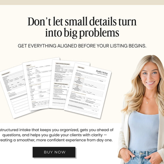 a woman standing next to a stack of papers, with a text overlay promoting a service that helps clients with clarity and organization.