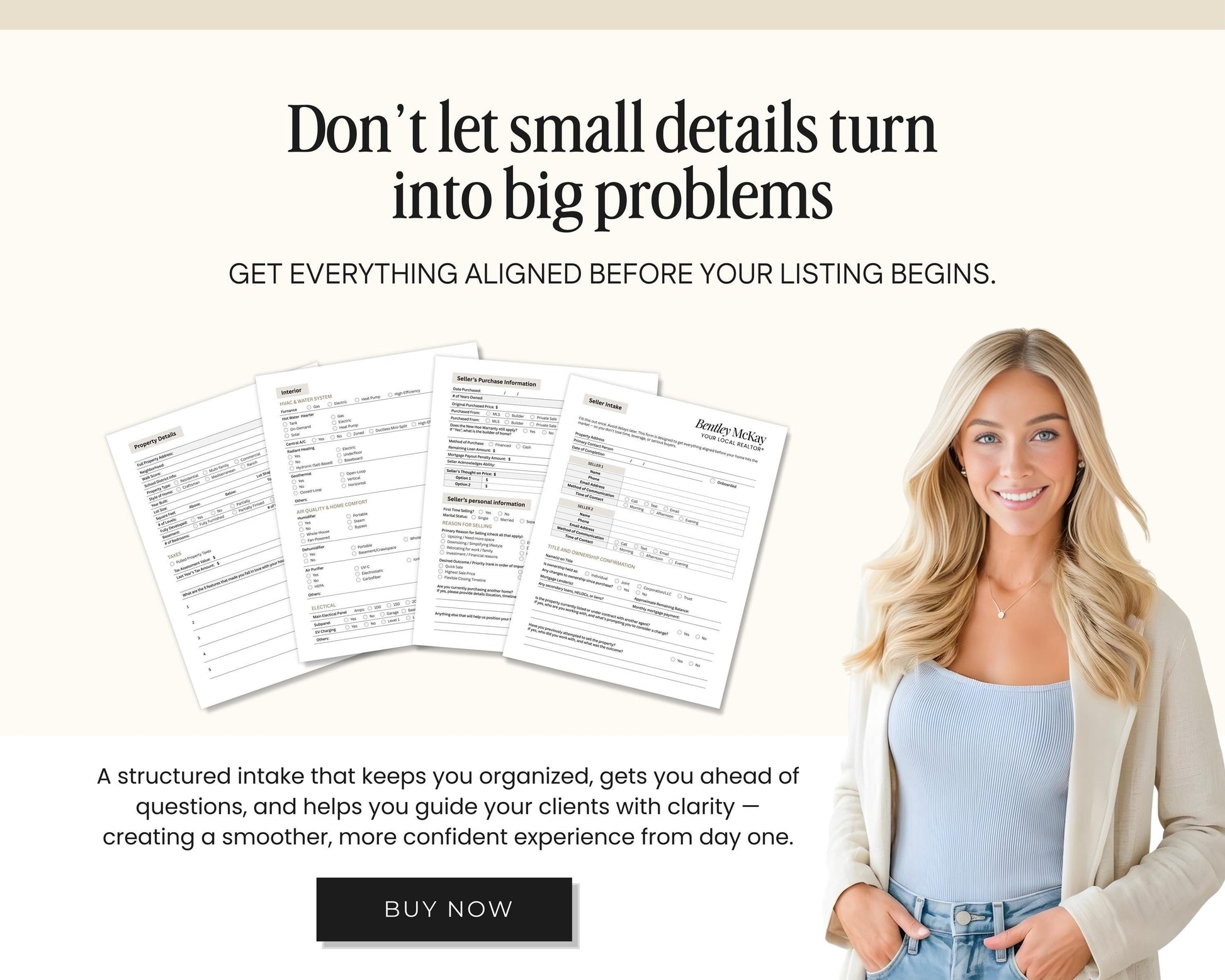 a woman standing next to a stack of papers, with a text overlay promoting a service that helps clients with clarity and organization.