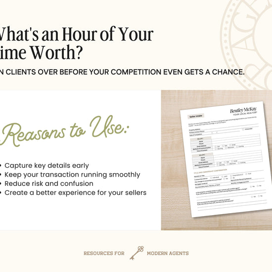 The image is a promotional graphic for a real estate agent named Bentley McKay, featuring a desk with a pen, a plant, and a clock. The text on the image highlights the importance of capturing key details early, keeping transactions running smoothly, reducing risk and confusion, and creating a better experience for sellers.
