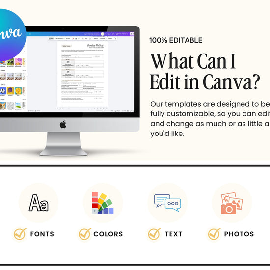The image is a promotional graphic for a software called Canva, which allows users to create and customize various types of documents and presentations.