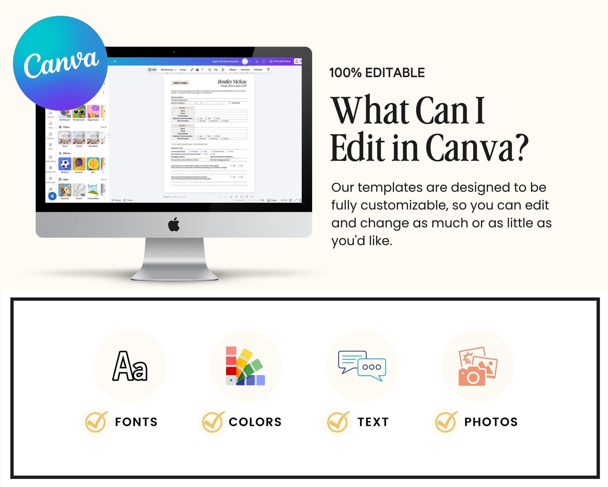 The image is a promotional graphic for a software called Canva, which allows users to create and customize various types of documents and presentations.