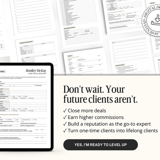 The image is a collage of multiple images, including a tablet displaying a form for a real estate agent, and a sign with the text "Don't wait. Your future clients aren't." The collage includes various images of real estate properties, agents, and other related elements, but does not provide any additional information beyond the visual content.