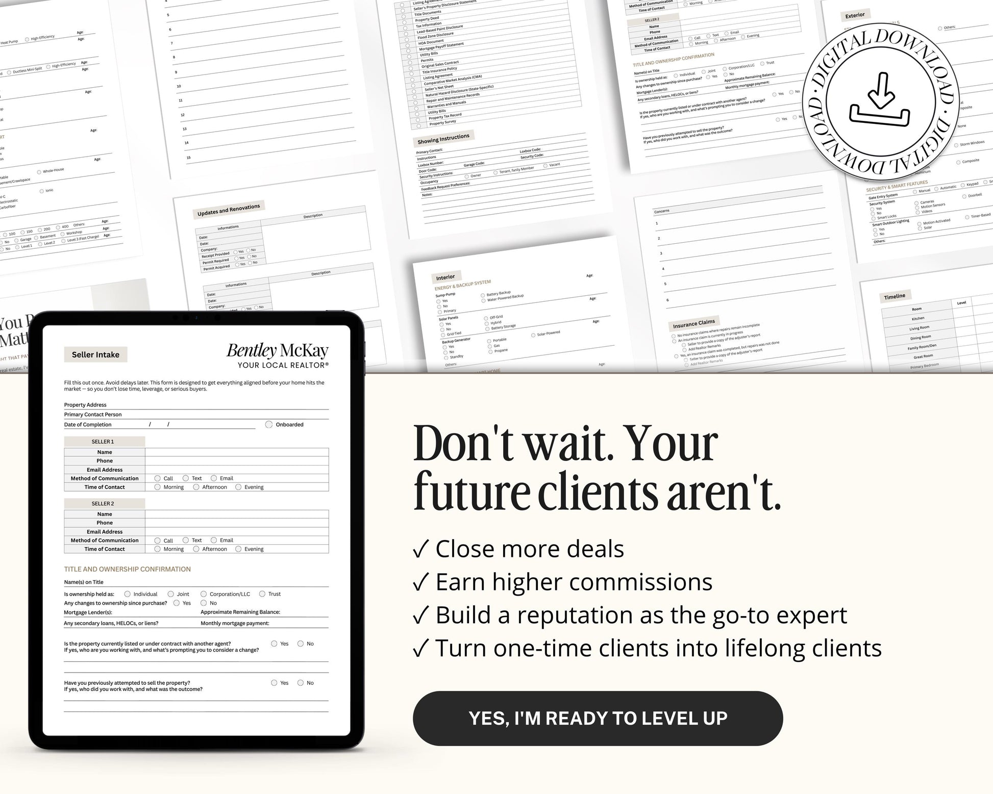The image is a collage of multiple images, including a tablet displaying a form for a real estate agent, and a sign with the text "Don't wait. Your future clients aren't." The collage includes various images of real estate properties, agents, and other related elements, but does not provide any additional information beyond the visual content.