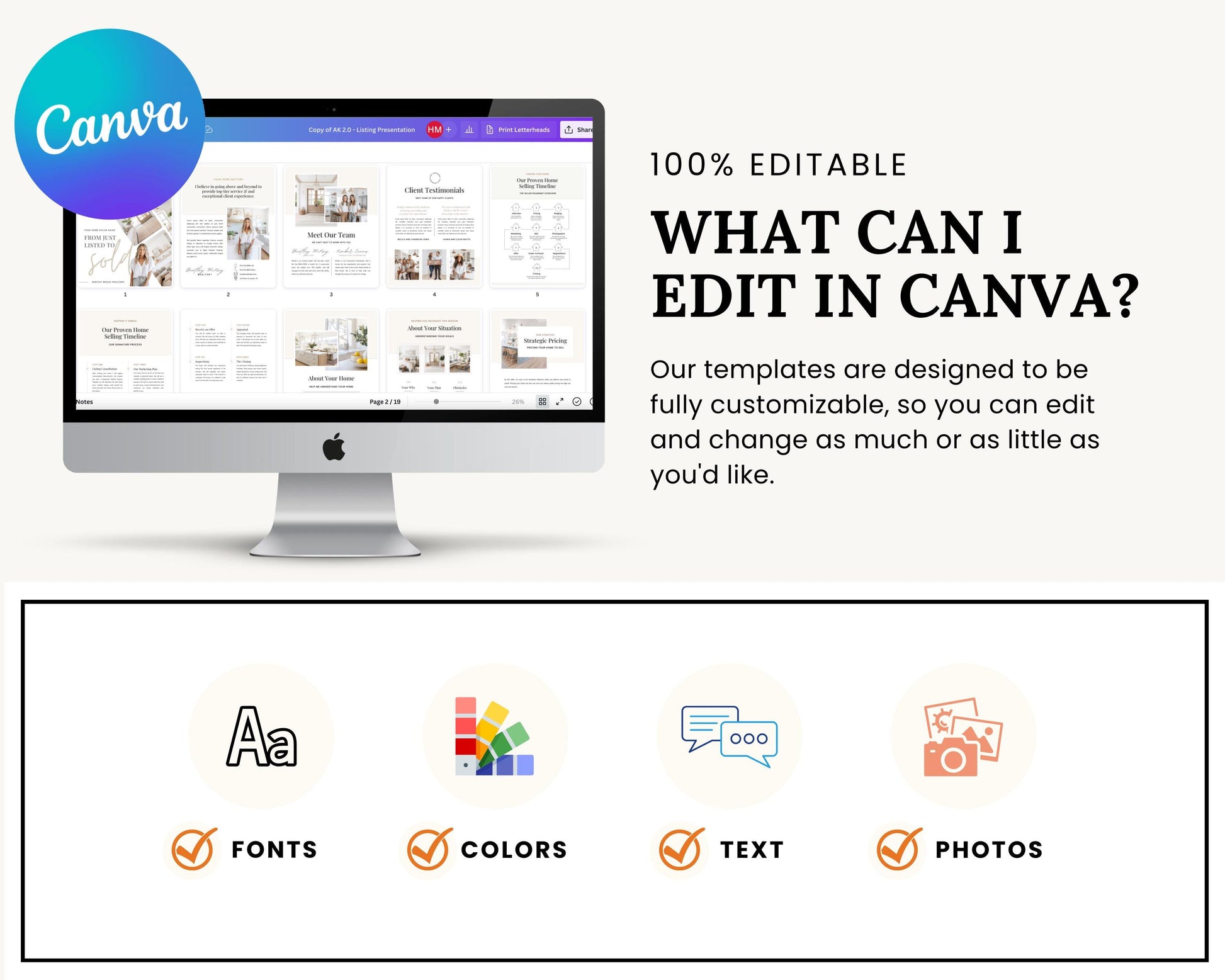 The image is a promotional graphic for a software called Canva, which allows users to create and edit various types of documents and presentations. The image features a computer monitor displaying a Canva interface, along with icons representing different editing options such as fonts, colors, text, and photos.