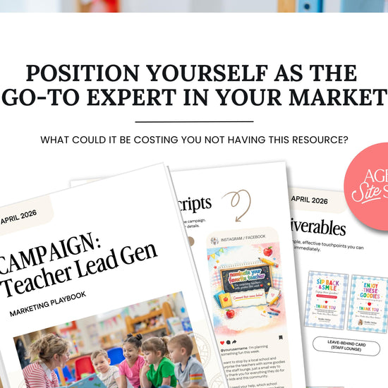 The image is a promotional poster for a marketing workshop, featuring various educational materials such as a book, a brochure, and a flyer.