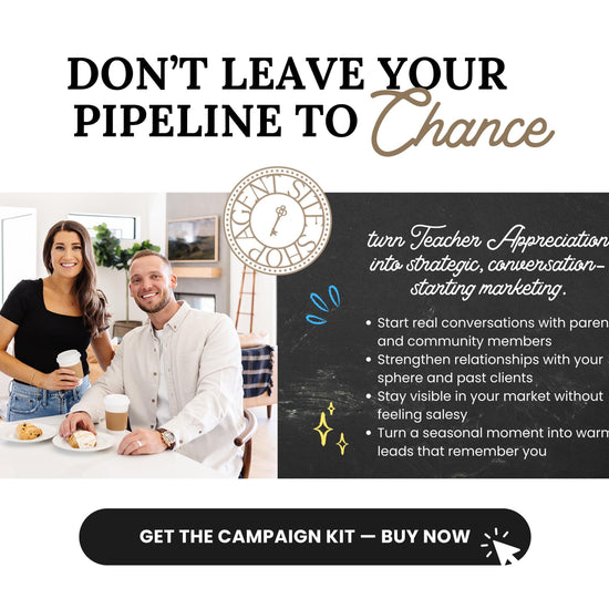 The image is a promotional advertisement featuring a man and a woman sitting at a table, smiling and enjoying their time together. The text on the advertisement encourages people to "Don't leave your pipeline to chance" and offers a "Campaign Kit" for starting conversations with parents and community members, strengthening relationships, and staying visible in the market.
