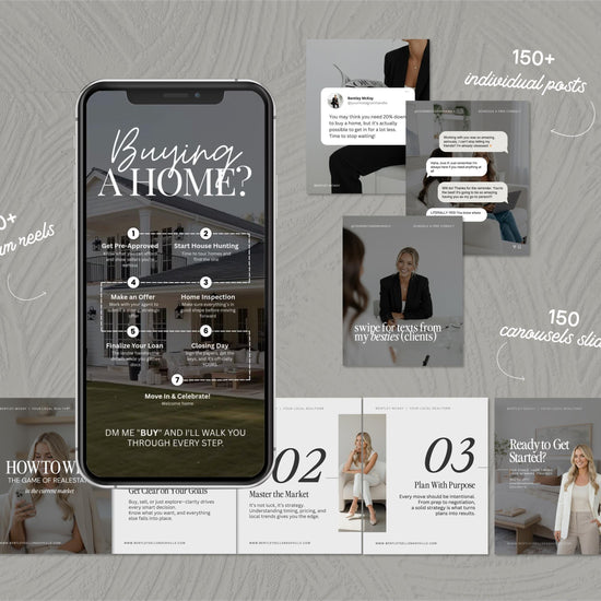 The image is a collage of various real estate-related images, including a smartphone displaying a home buying calculator, a real estate agent's social media post, and a series of posts featuring real estate agents and home listings.
