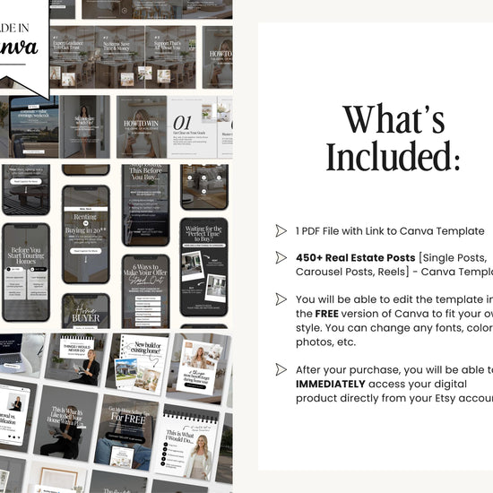 a collection of real estate posts, including single posts and carousel posts, presented in a free version of Canva. The text indicates that the user can edit the template in the free version of Canva to fit their own style, and they can change any fonts, colors, and photos to create a personalized design. The text also mentions that after the purchase, the user will be able to access the product directly from their Etsy account.