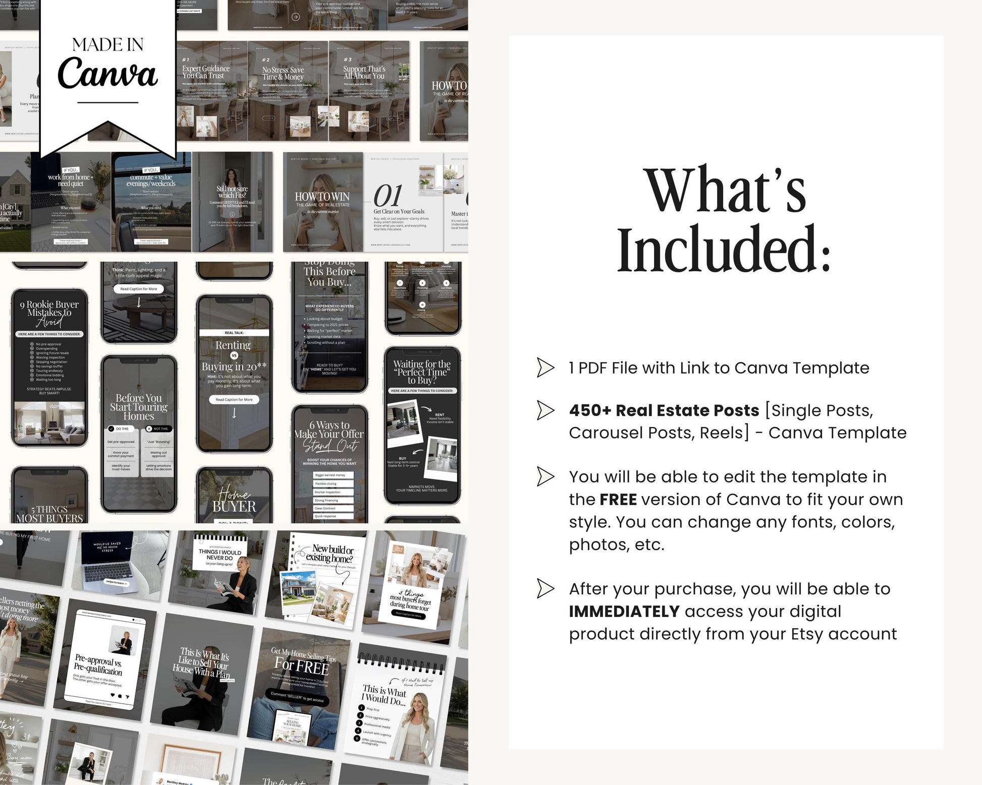 a collection of real estate posts, including single posts and carousel posts, presented in a free version of Canva. The text indicates that the user can edit the template in the free version of Canva to fit their own style, and they can change any fonts, colors, and photos to create a personalized design. The text also mentions that after the purchase, the user will be able to access the product directly from their Etsy account.