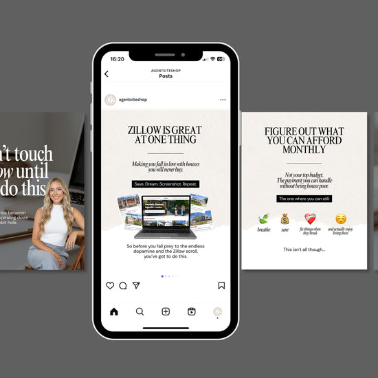 a smartphone displaying a social media post from an agent's website, accompanied by a collage of other images.