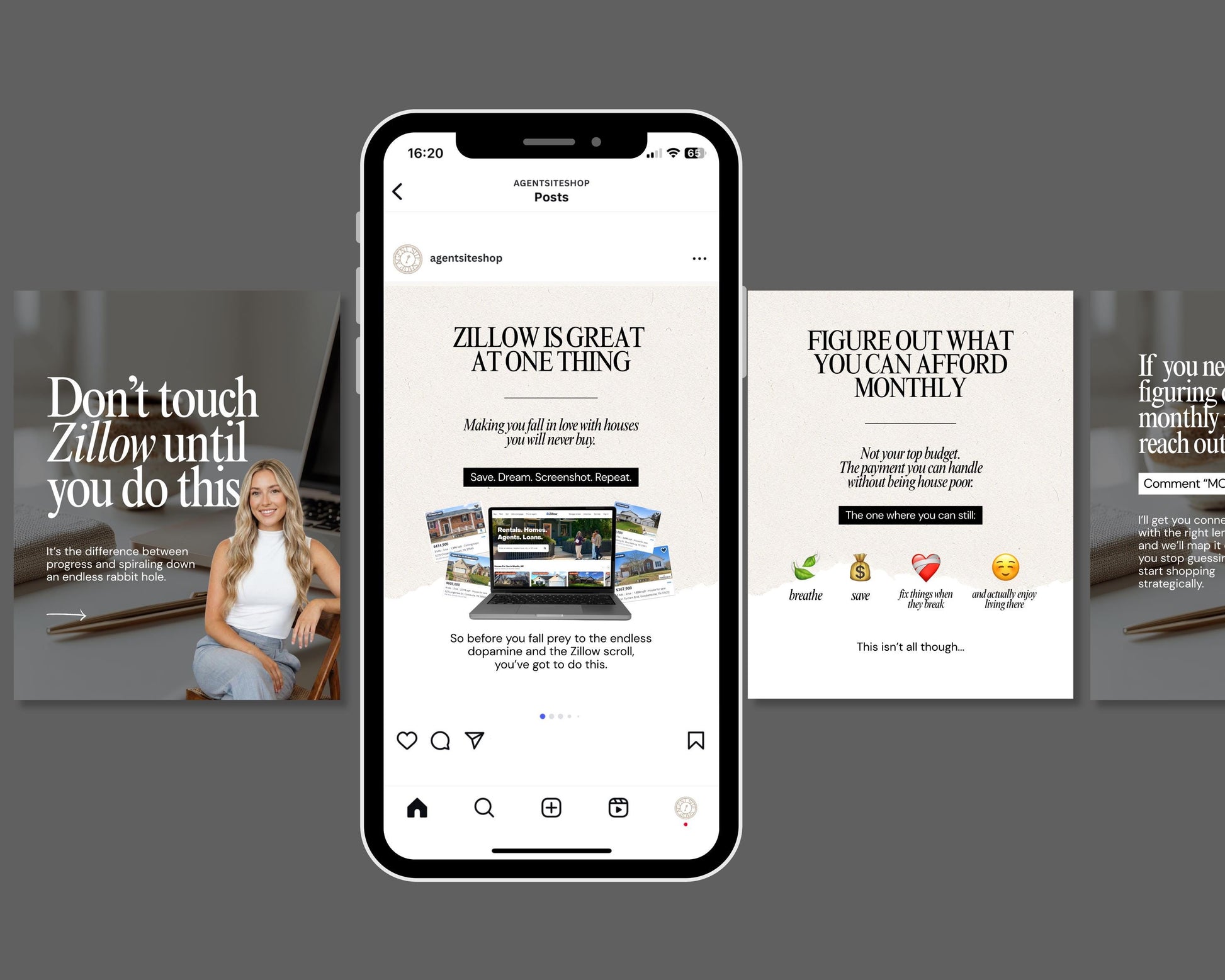 a smartphone displaying a social media post from an agent's website, accompanied by a collage of other images.
