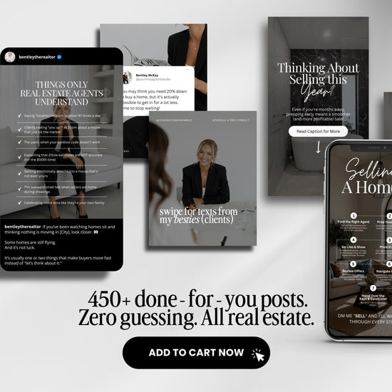 The image is a collage of various real estate-related images, including a smartphone displaying a real estate app, a person in a suit, and a person in a suit. The collage also includes text promoting real estate services and a call to action button for adding to cart.
