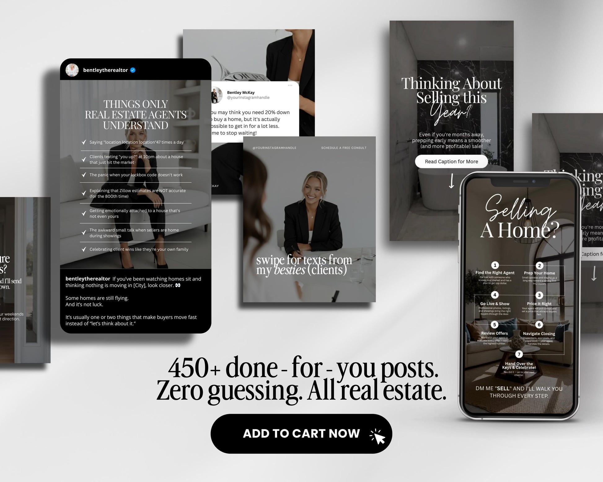 The image is a collage of various real estate-related images, including a smartphone displaying a real estate app, a person in a suit, and a person in a suit. The collage also includes text promoting real estate services and a call to action button for adding to cart.