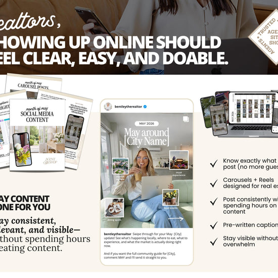 The image is a collage of various real estate-related images, including a woman sitting on a couch, a laptop, and a smartphone. The collage also includes text that provides information about real estate content creation, such as the importance of staying consistent, relevant, and visible, and the benefits of posting regularly without spending hours on content.