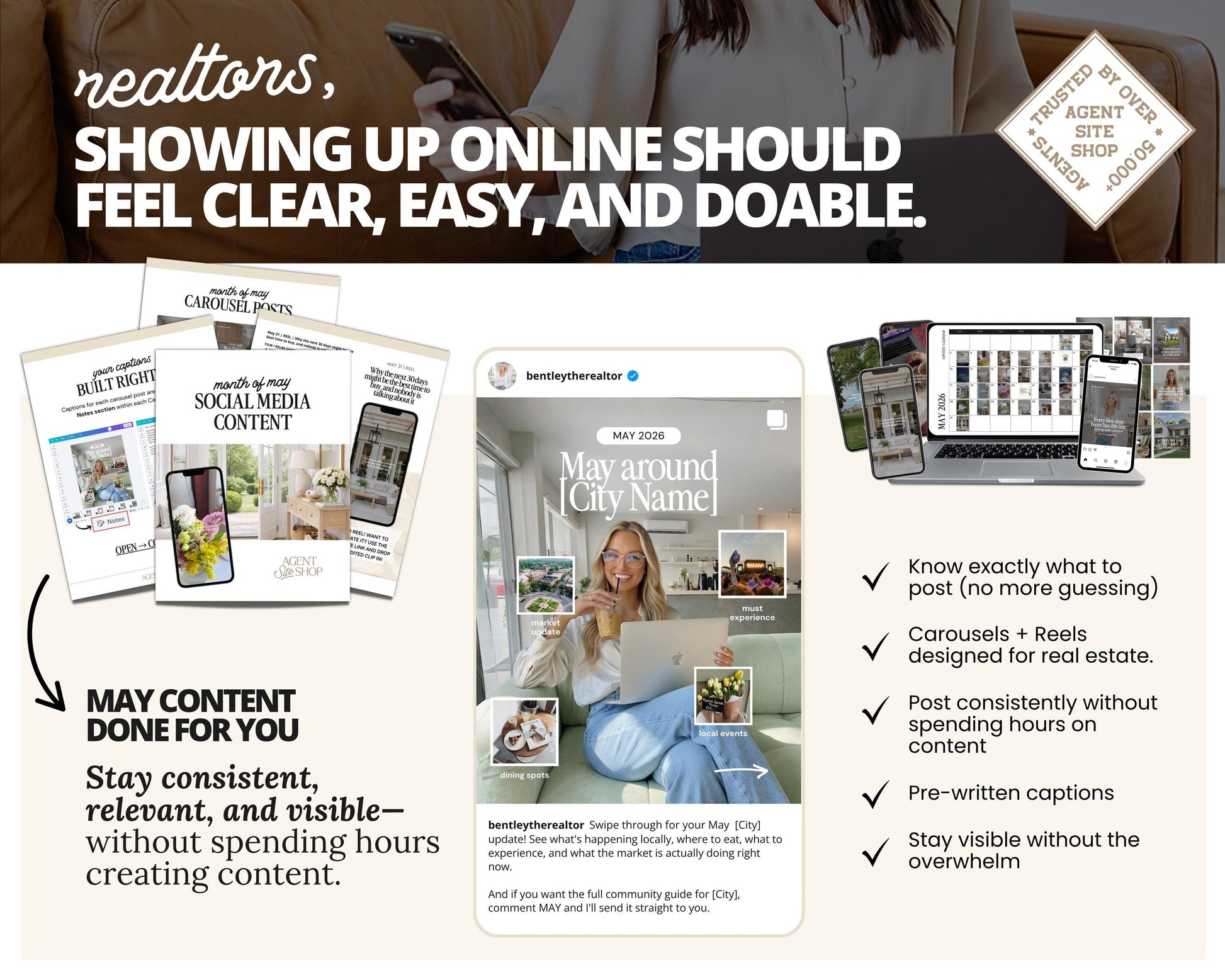 The image is a collage of various real estate-related images, including a woman sitting on a couch, a laptop, and a smartphone. The collage also includes text that provides information about real estate content creation, such as the importance of staying consistent, relevant, and visible, and the benefits of posting regularly without spending hours on content.