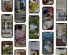 a collage of various indoor and outdoor scenes, including people, furniture, and natural elements like flowers and trees.