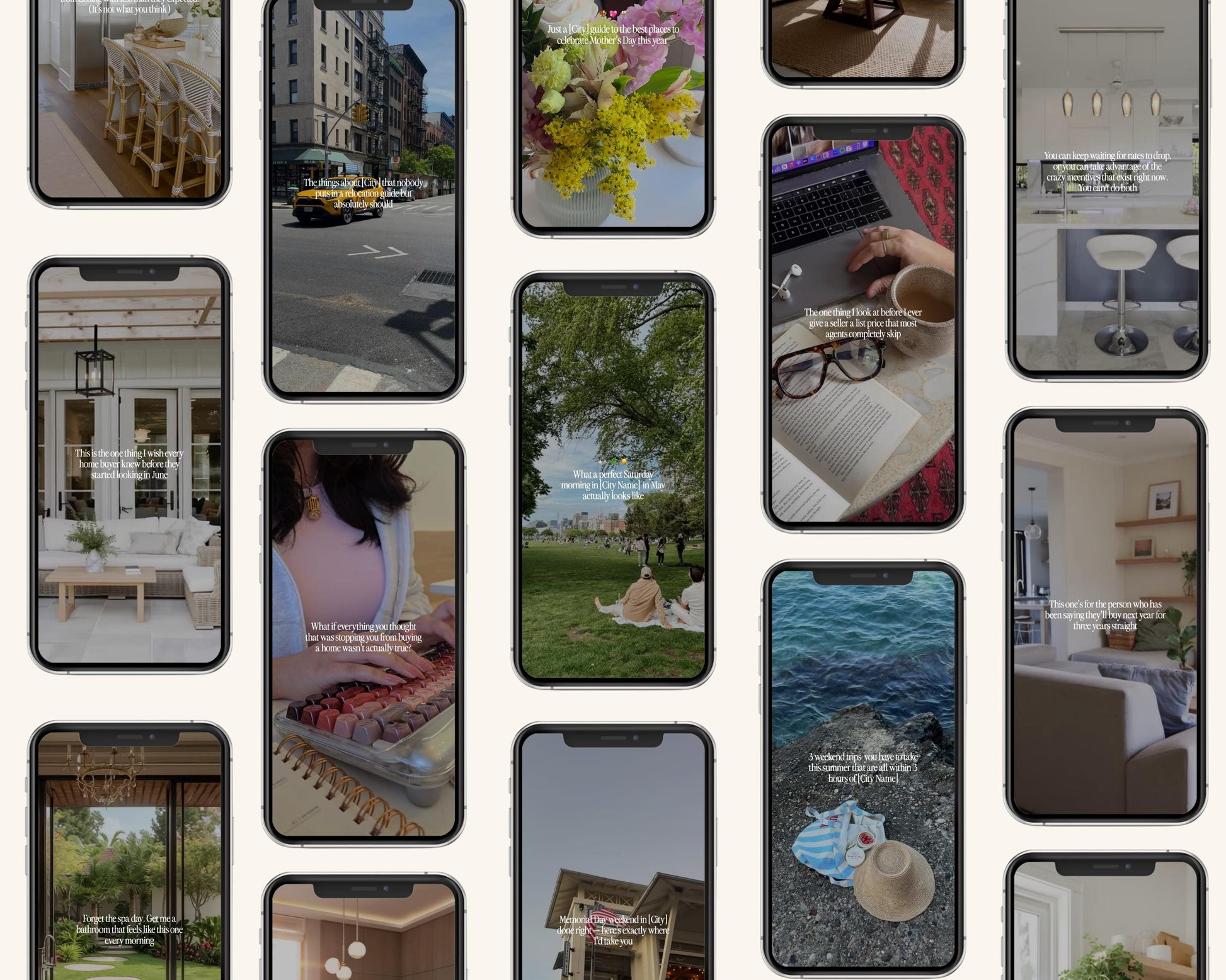 a collage of various indoor and outdoor scenes, including people, furniture, and natural elements like flowers and trees.