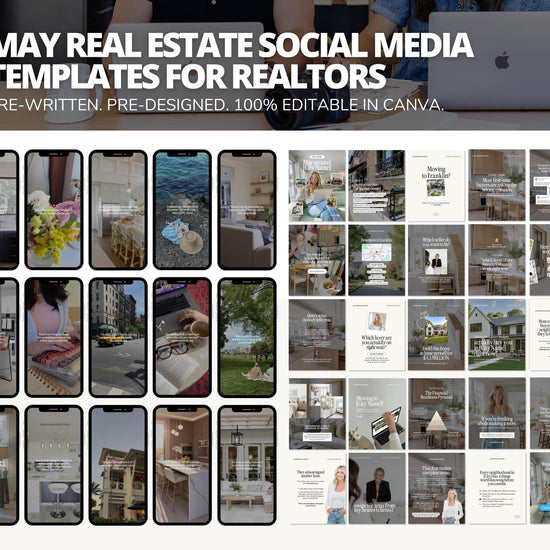 a collection of real estate-related social media media templates, including various images of homes, furniture, and people. The templates are pre-written and designed, with 100% editable in Canva, making them suitable for real estate agents to create visually appealing and engaging content for their social media platforms.
