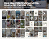 a collection of real estate-related social media media templates, including various images of homes, furniture, and people. The templates are pre-written and designed, with 100% editable in Canva, making them suitable for real estate agents to create visually appealing and engaging content for their social media platforms.