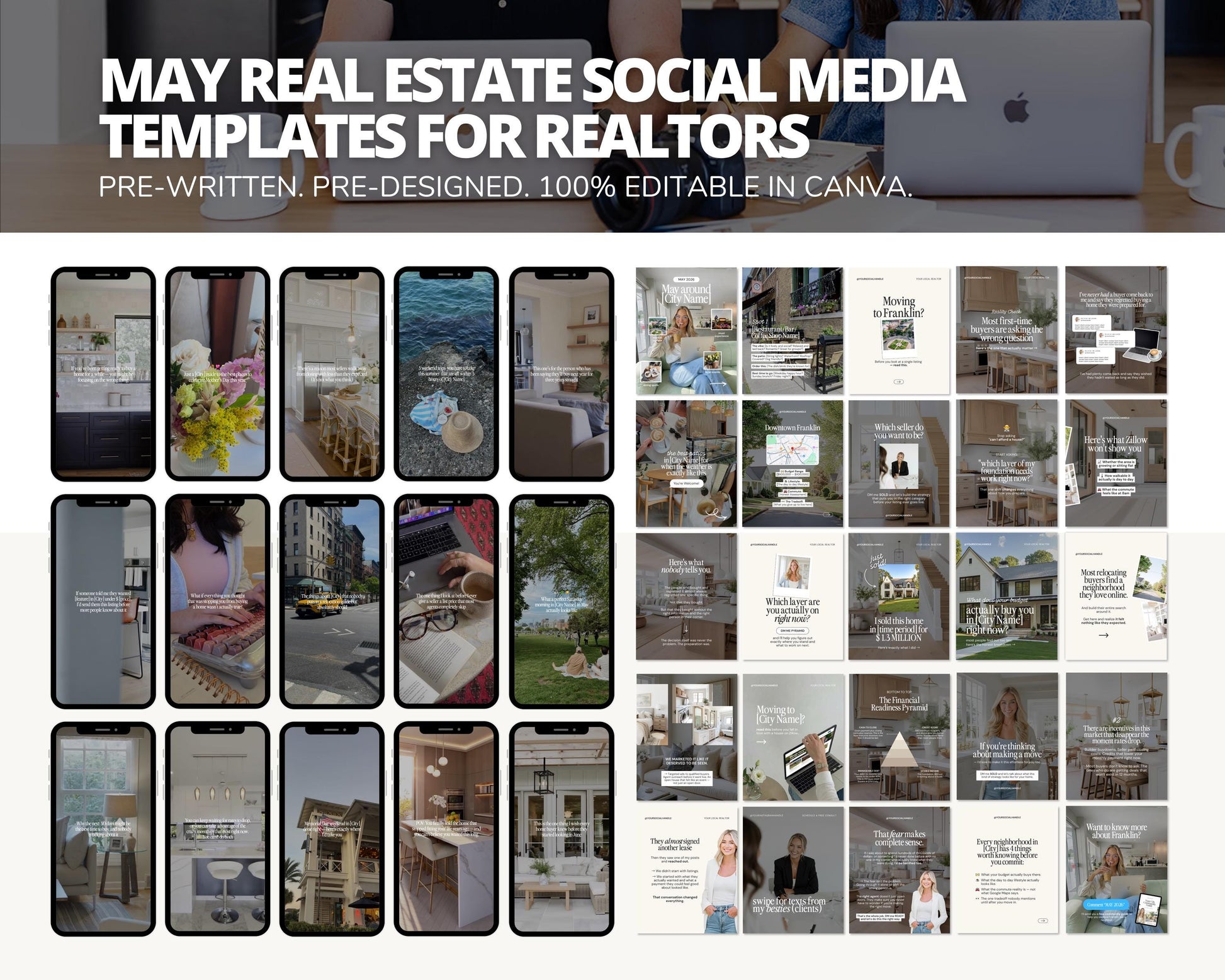a collection of real estate-related social media media templates, including various images of homes, furniture, and people. The templates are pre-written and designed, with 100% editable in Canva, making them suitable for real estate agents to create visually appealing and engaging content for their social media platforms.