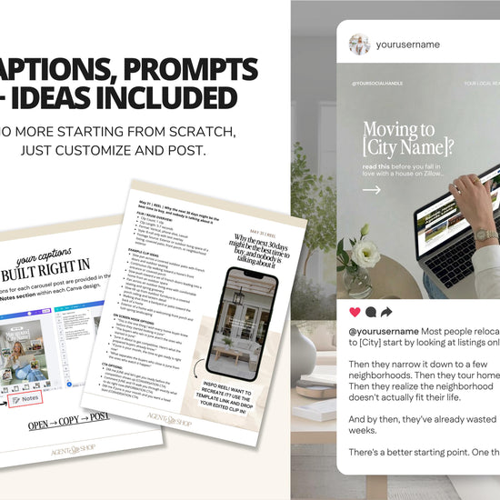 The image is a collage of two photos and a text overlay. The first photo shows a person using a laptop, while the second photo depicts a person holding a book. The text overlay provides information about a real estate service, including a prompt to customize and post ideas, and a reminder that people relocate to cities for various reasons, such as job opportunities, family, or lifestyle preferences.