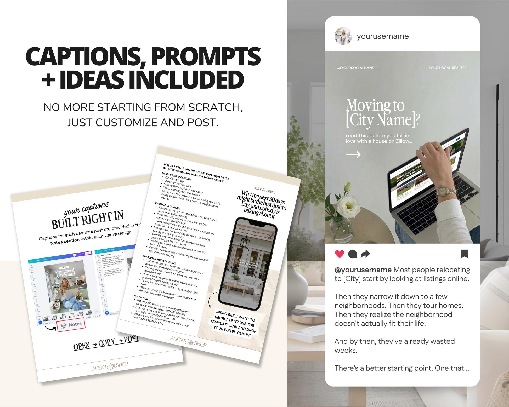 The image is a collage of two photos and a text overlay. The first photo shows a person using a laptop, while the second photo depicts a person holding a book. The text overlay provides information about a real estate service, including a prompt to customize and post ideas, and a reminder that people relocate to cities for various reasons, such as job opportunities, family, or lifestyle preferences.