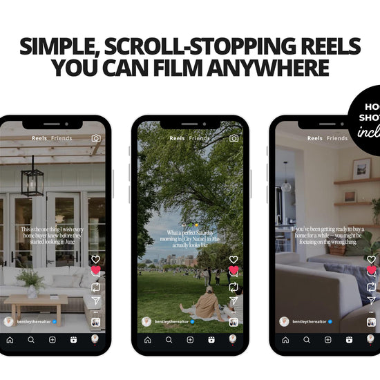 three smartphone screens displaying different scenes, including a home interior, a person sitting on a bench, and a person sitting on a couch.
