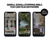 three smartphone screens displaying different scenes, including a home interior, a person sitting on a bench, and a person sitting on a couch.
