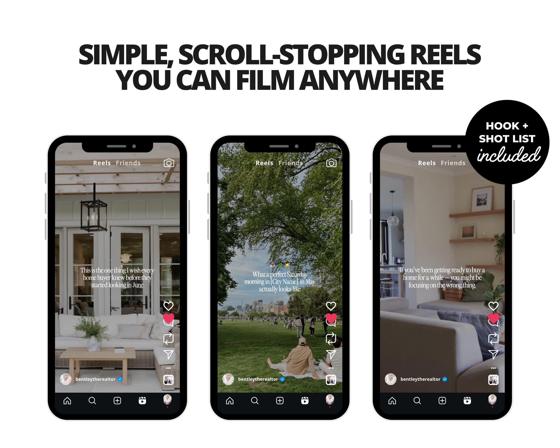 three smartphone screens displaying different scenes, including a home interior, a person sitting on a bench, and a person sitting on a couch.