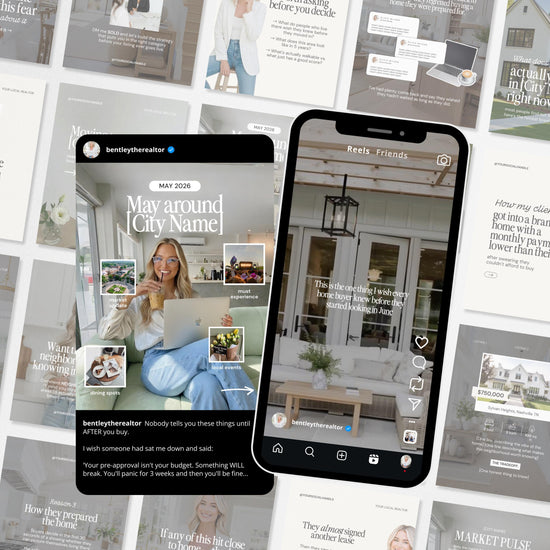 a collage of various real estate-related images, including a smartphone displaying a social media post about real estate, and a real estate agent's website.