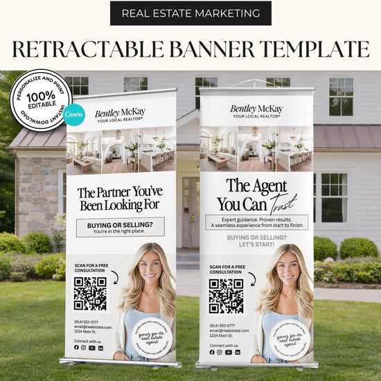 two retractable banner templates for real estate marketing, with a focus on the "The Partner You've Been Looking For" and "The Agent You Can Trust". The banners display images of a smiling woman and a house, along with text promoting the services of Bentley McKay, a real estate agent.