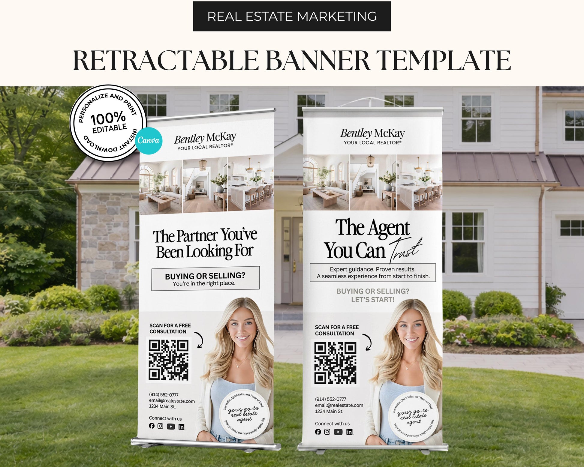 two retractable banner templates for real estate marketing, with a focus on the "The Partner You've Been Looking For" and "The Agent You Can Trust". The banners display images of a smiling woman and a house, along with text promoting the services of Bentley McKay, a real estate agent.