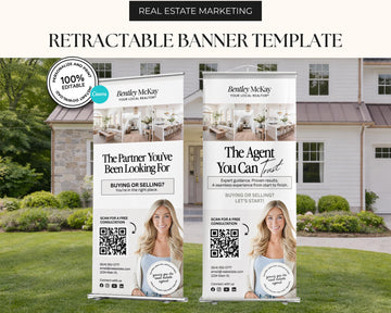 two retractable banner templates for real estate marketing, with a focus on the "The Partner You've Been Looking For" and "The Agent You Can Trust". The banners display images of a smiling woman and a house, along with text promoting the services of Bentley McKay, a real estate agent.