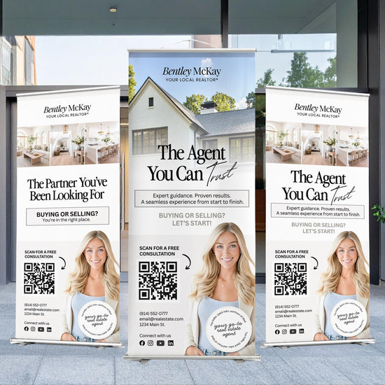 Three banners advertising real estate services, with images of a woman and a house.