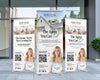 Three banners advertising real estate services, with images of a woman and a house.