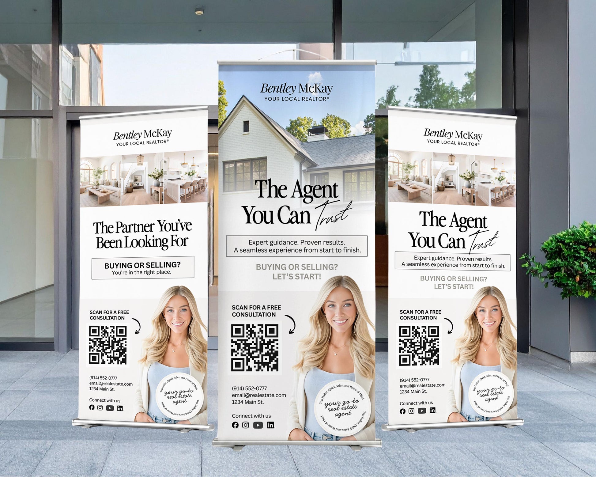Three banners advertising real estate services, with images of a woman and a house.