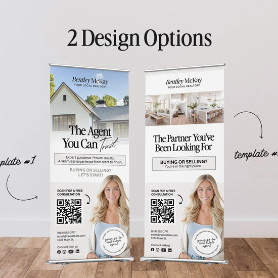 two identical roll-up banners for Bentley McKay, a local real estate agent, with different designs and text.