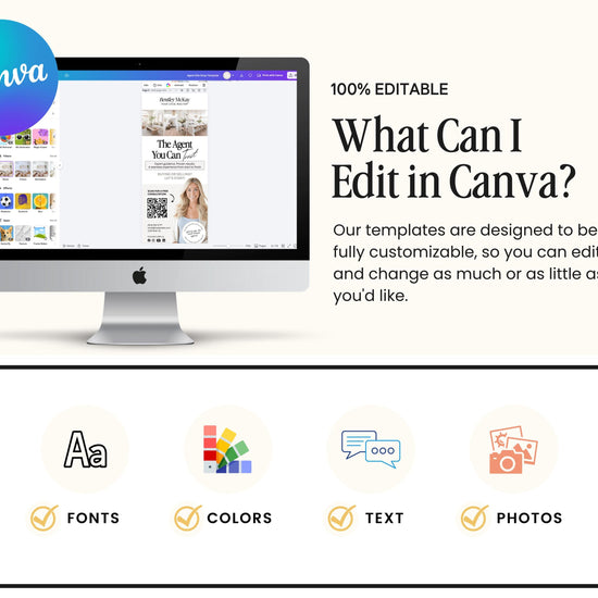 The image is a promotional graphic for a software called Canva, which allows users to create and edit various types of digital content, such as emails, presentations, and other visual materials.
