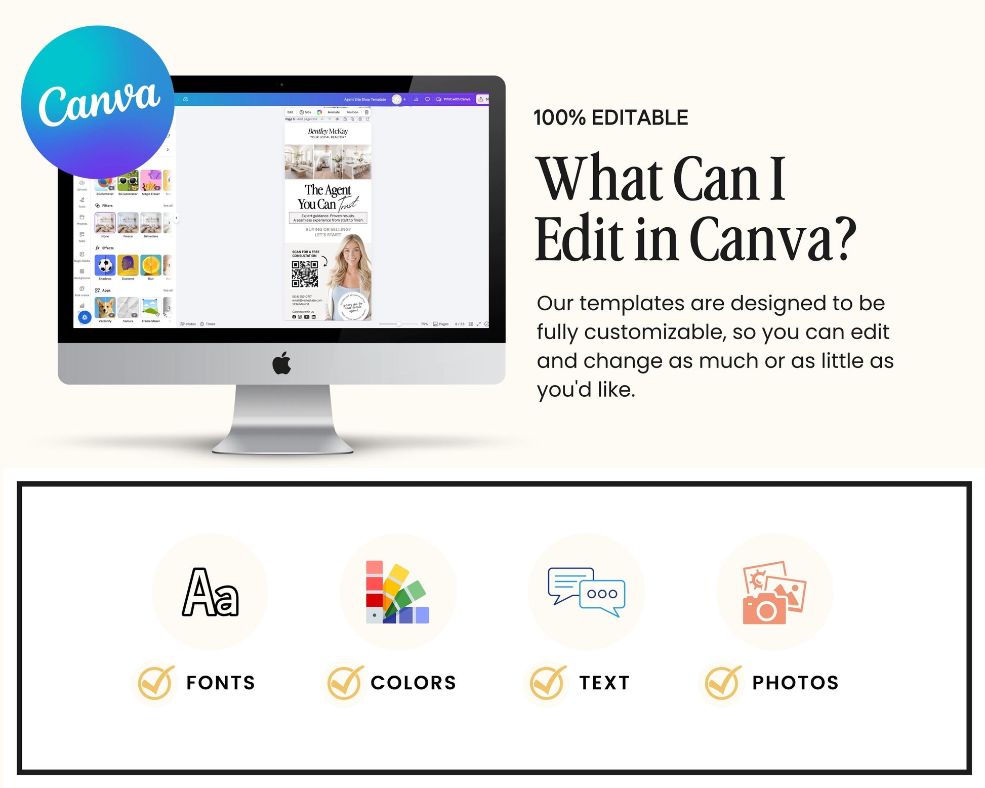 The image is a promotional graphic for a software called Canva, which allows users to create and edit various types of digital content, such as emails, presentations, and other visual materials.