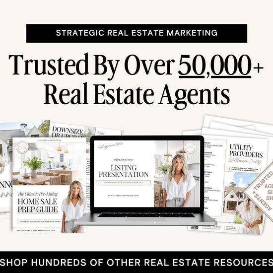 The image is an advertisement for a real estate marketing company, featuring a laptop displaying a listing presentation, brochures, and other real estate resources.