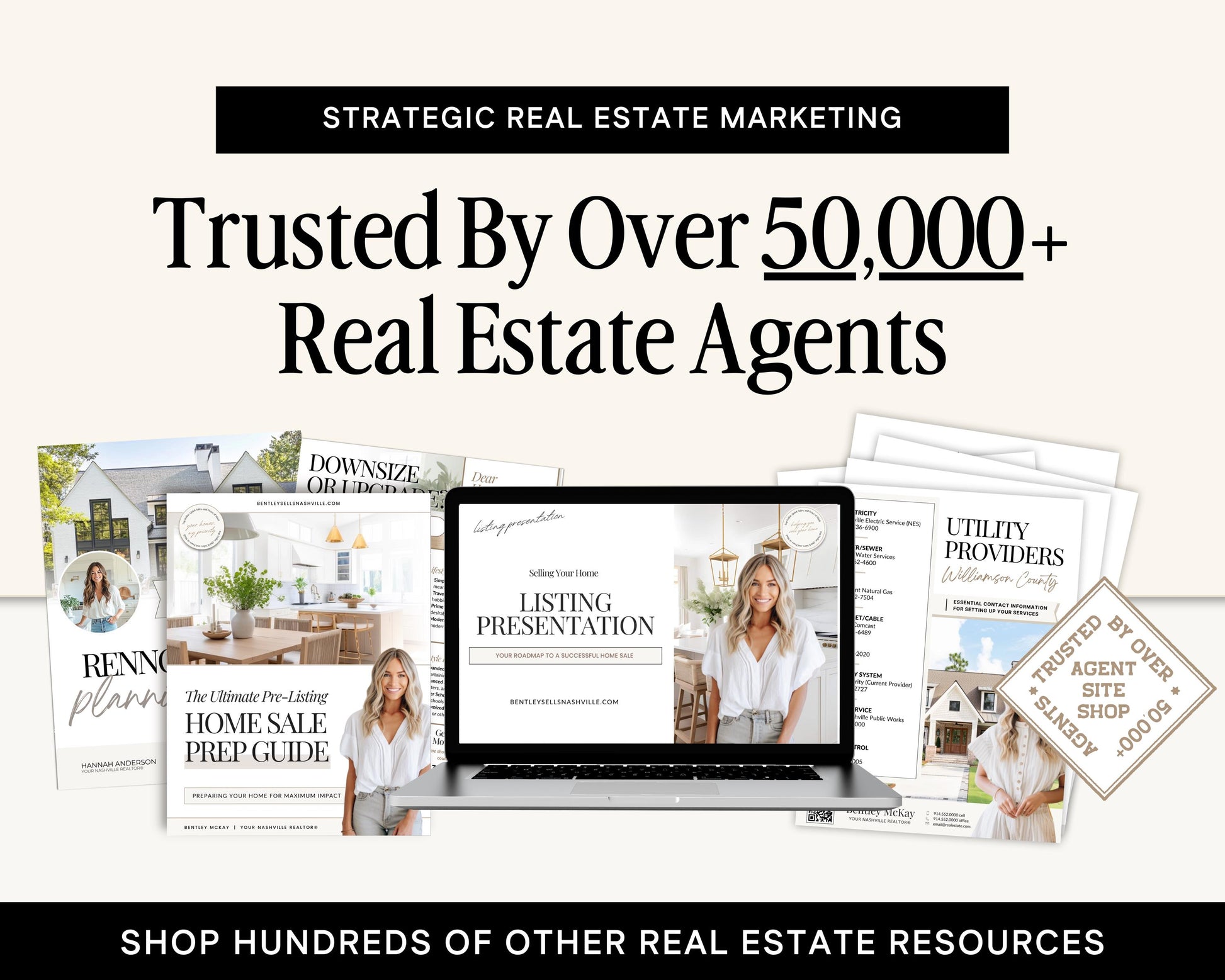 The image is an advertisement for a real estate marketing company, featuring a laptop displaying a listing presentation, brochures, and other real estate resources.