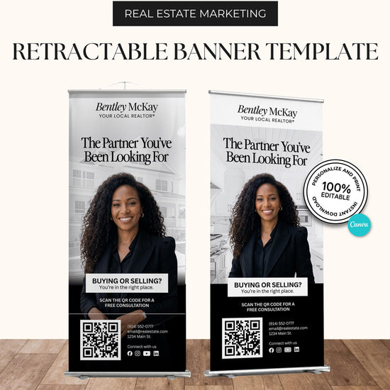 two identical banners for real estate marketing, featuring a woman in a black jacket and a house in the background. The banners promote Bentley McKay Real Estate and encourage potential buyers to "Scan the QR code for a FREE CONSULTATION" and "You're in the right place."