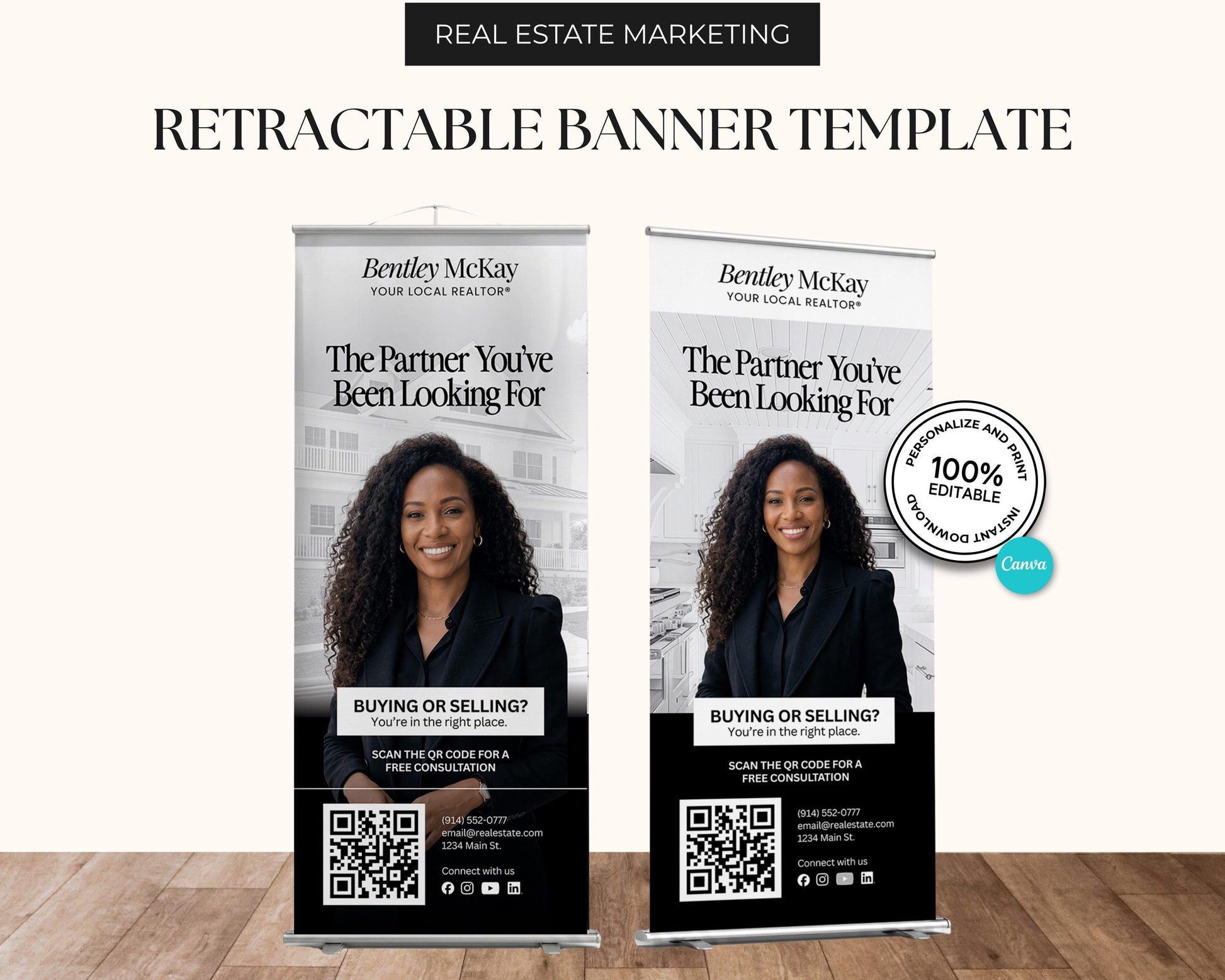 two identical banners for real estate marketing, featuring a woman in a black jacket and a house in the background. The banners promote Bentley McKay Real Estate and encourage potential buyers to "Scan the QR code for a FREE CONSULTATION" and "You're in the right place."