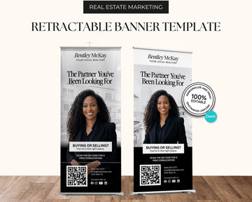 two identical banners for real estate marketing, featuring a woman in a black jacket and a house in the background. The banners promote Bentley McKay Real Estate and encourage potential buyers to "Scan the QR code for a FREE CONSULTATION" and "You're in the right place."