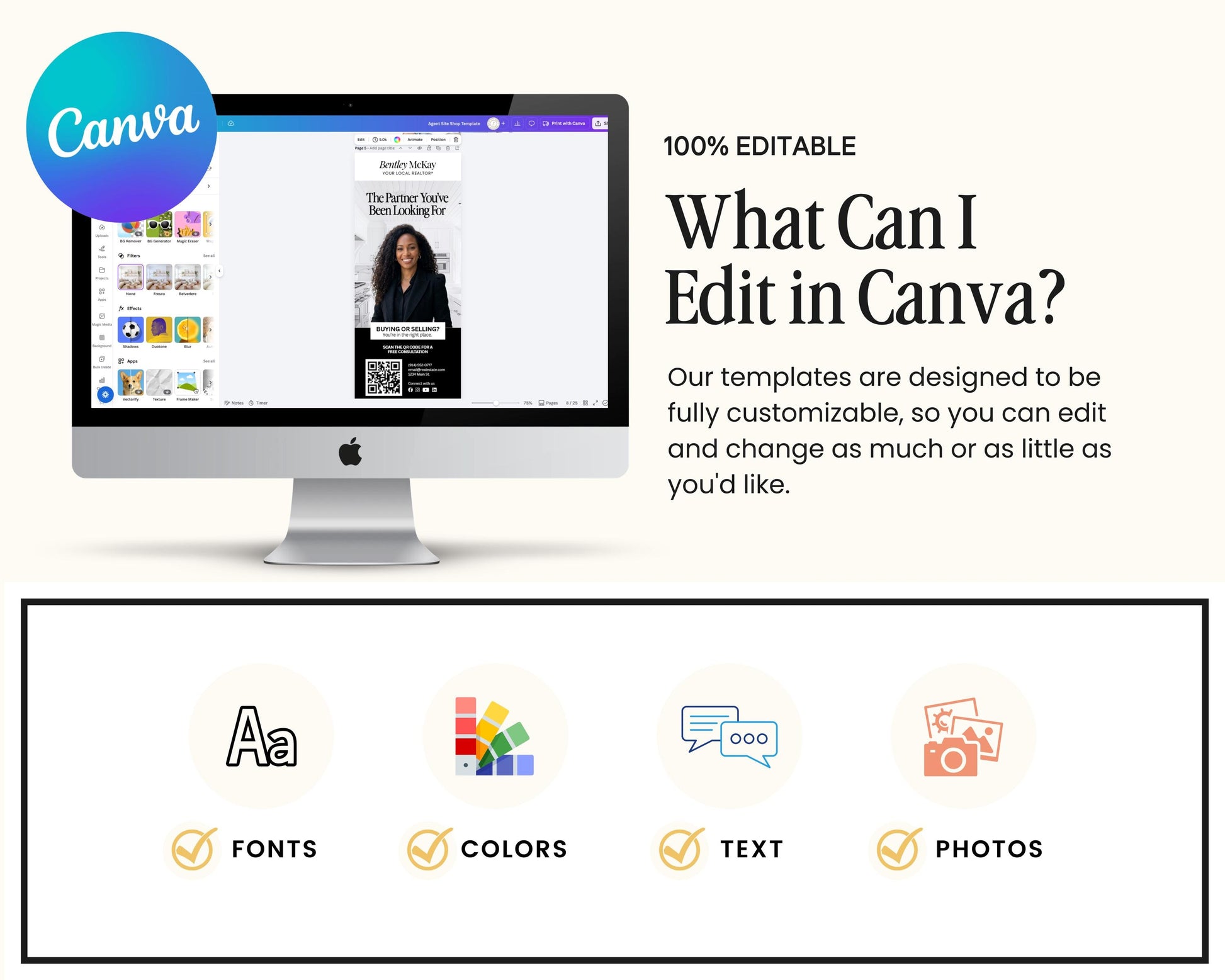 The image is a promotional graphic for a software called Canva, which allows users to create and edit various types of digital content, such as images, text, and graphics.