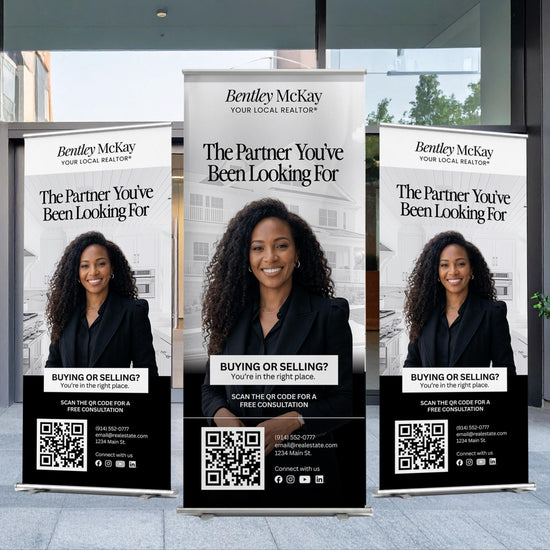 Three banners advertising Bentley McKay real estate services, featuring a smiling woman in a business suit.