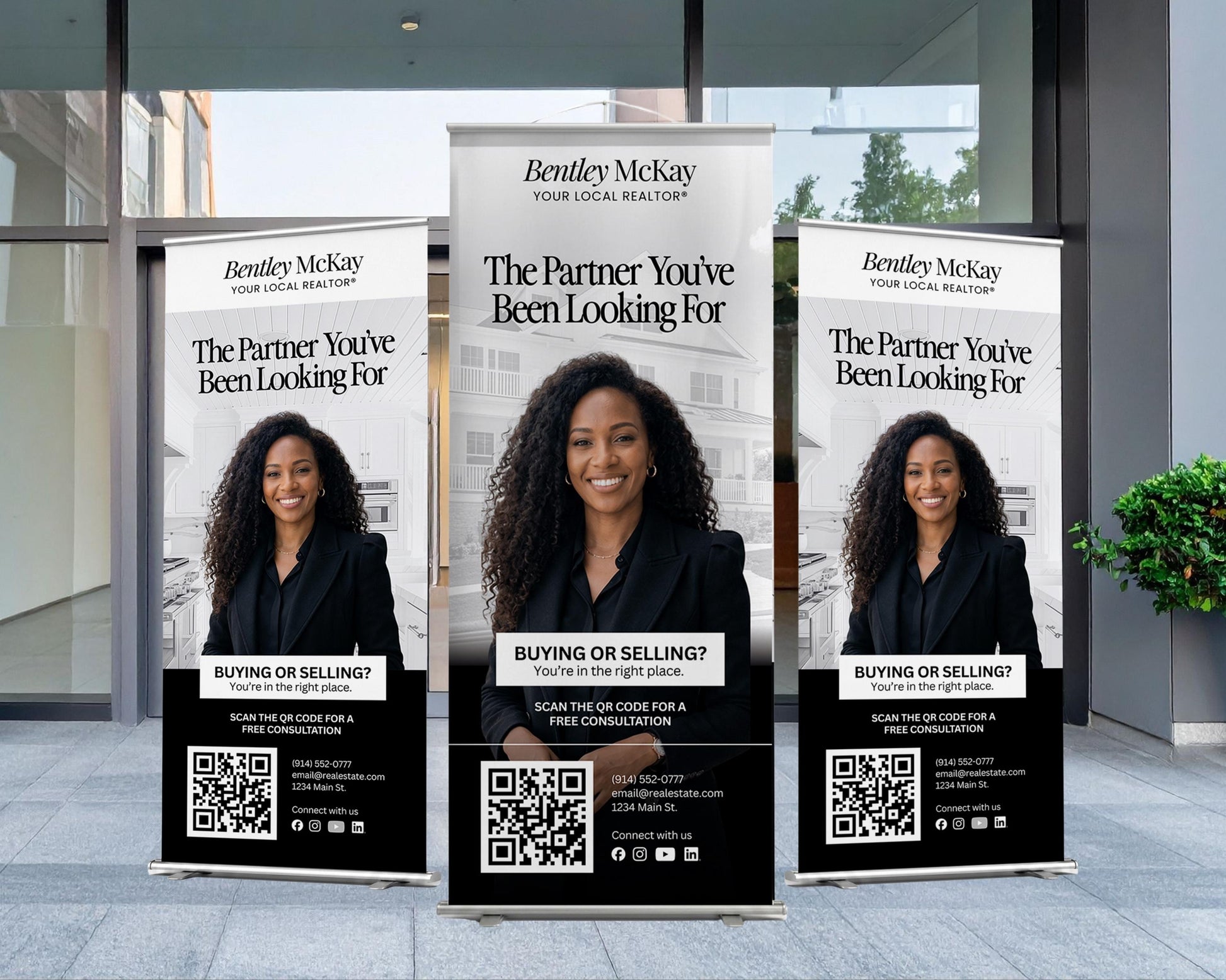 Three banners advertising Bentley McKay real estate services, featuring a smiling woman in a business suit.