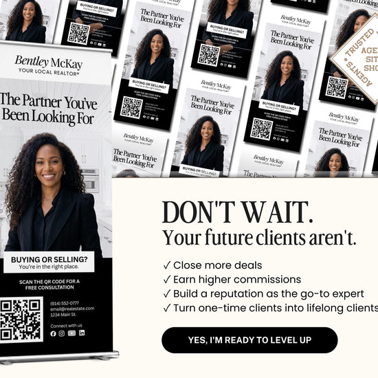 The image is a collage of multiple images featuring a woman in a business suit, promoting Bentley McKay Real Estate services.