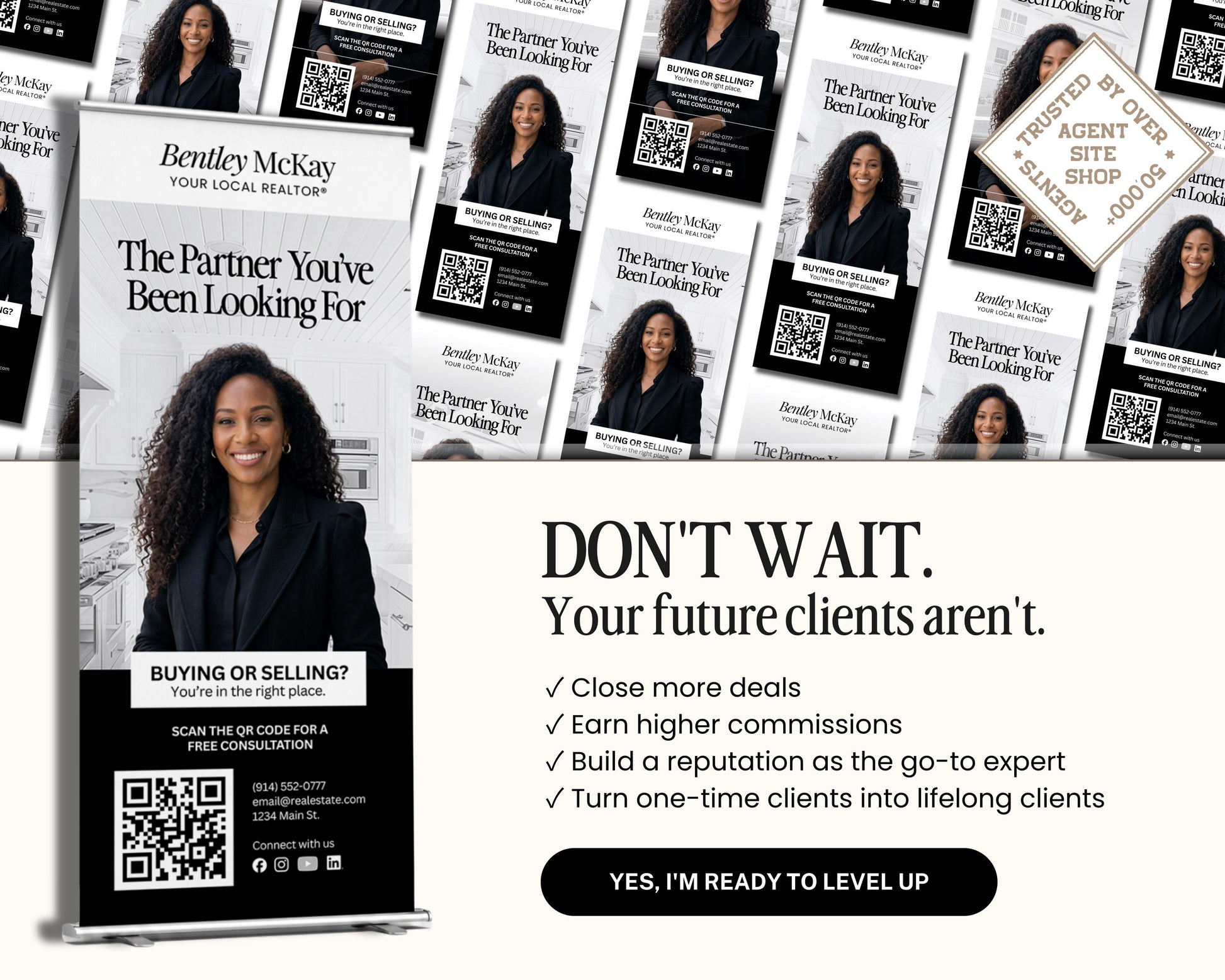 The image is a collage of multiple images featuring a woman in a business suit, promoting Bentley McKay Real Estate services.